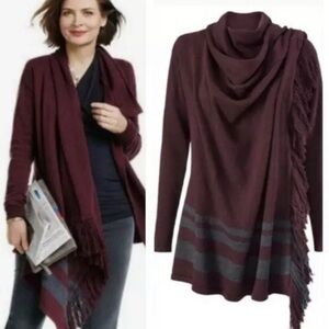 CAbi 3002 Burgundy & Gray Fringe Tunic Sweater Wrap Cardigan Womens Small